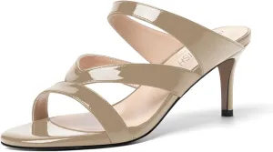 ROSERWISH Womens Strappy Slip On Patent Stylish Party Casual Open Toe Stiletto Mid Heel Heeled Sandals 2.5 Inch