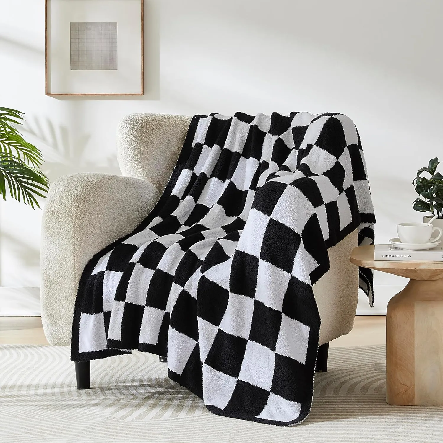 R.SHARE Black and White Checkered Throw Blanket 50x70 Inch Reversible, Microfiber Soft Comfy Cozy Lightweight Fluffy Fuzzy Warm Cute Checkerboard Plaid for Couch Sofa Chair Bed Home