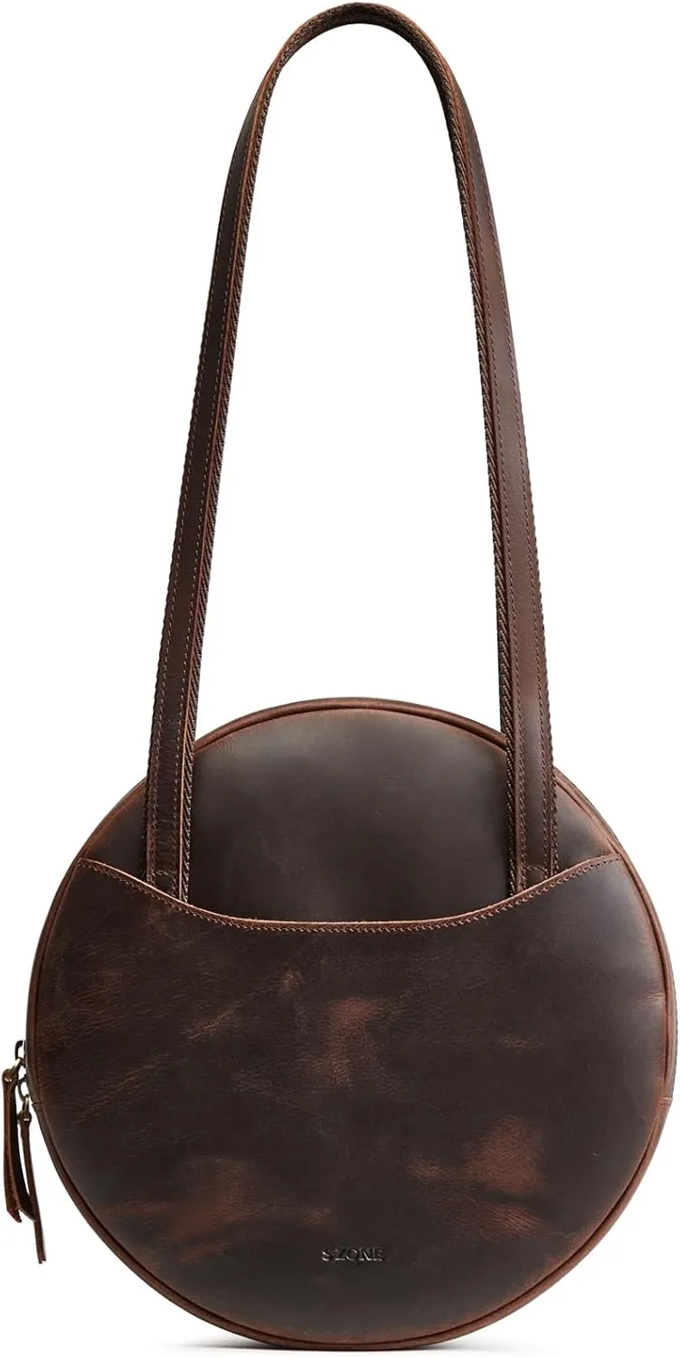 S-ZONE Large Leather Shoulder Bags for Women Circle Trendy Hobo Bag Round Purses Designer Handbag
