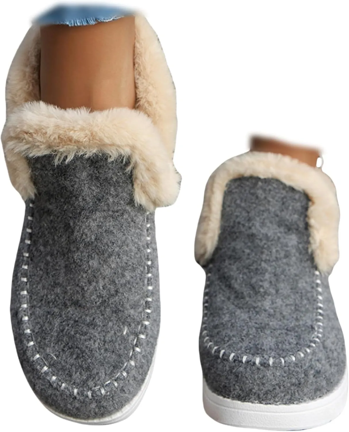 SACFOF Womens Winter Flat Fluffy Snow Boots,Warm Faux Fur Lining Anti-Slip Slip on Loafer Casual Outdoor Plush Short Booties