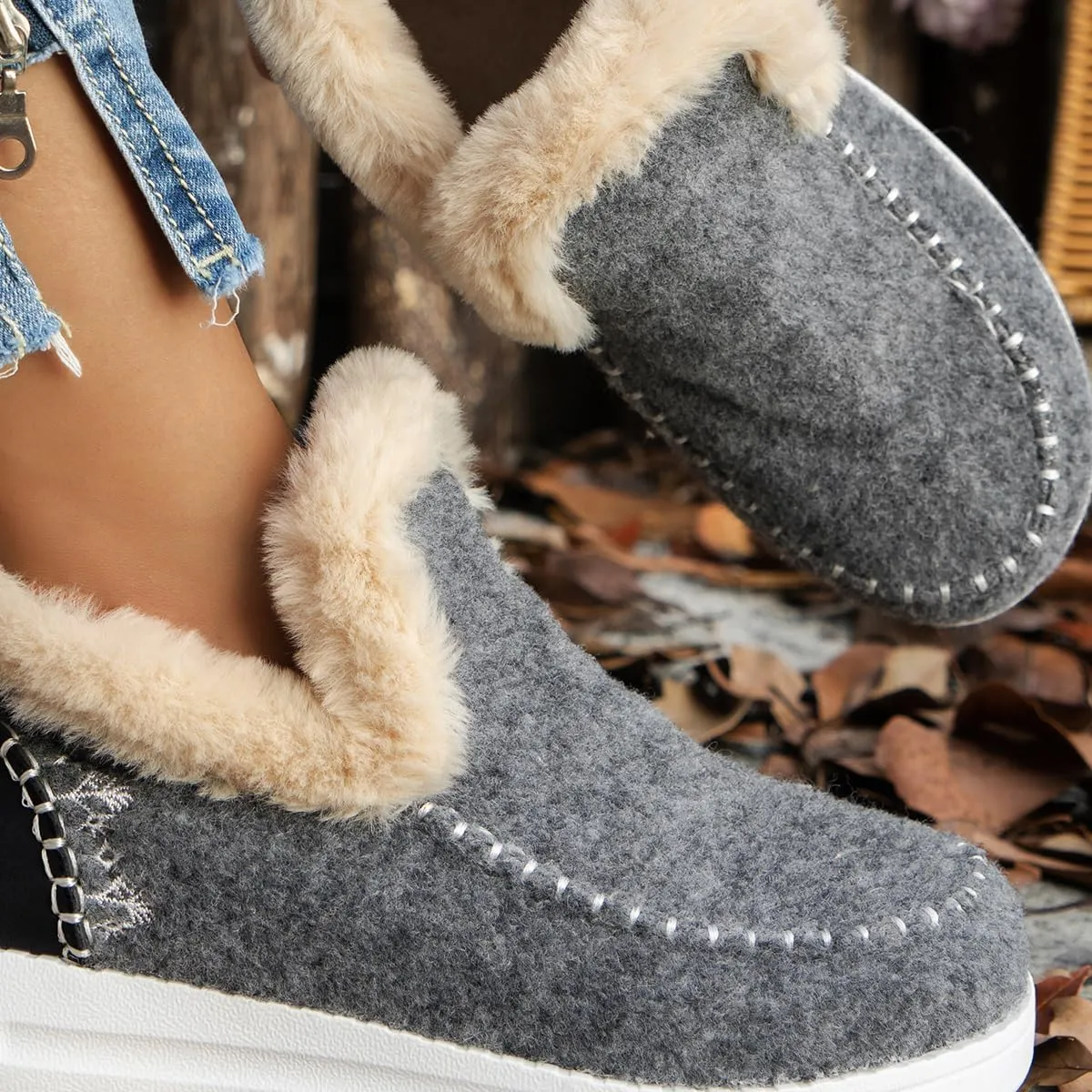 SACFOF Womens Winter Flat Fluffy Snow Boots,Warm Faux Fur Lining Anti-Slip Slip on Loafer Casual Outdoor Plush Short Booties