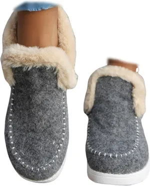 SACFOF Womens Winter Flat Fluffy Snow Boots,Warm Faux Fur Lining Anti-Slip Slip on Loafer Casual Outdoor Plush Short Booties