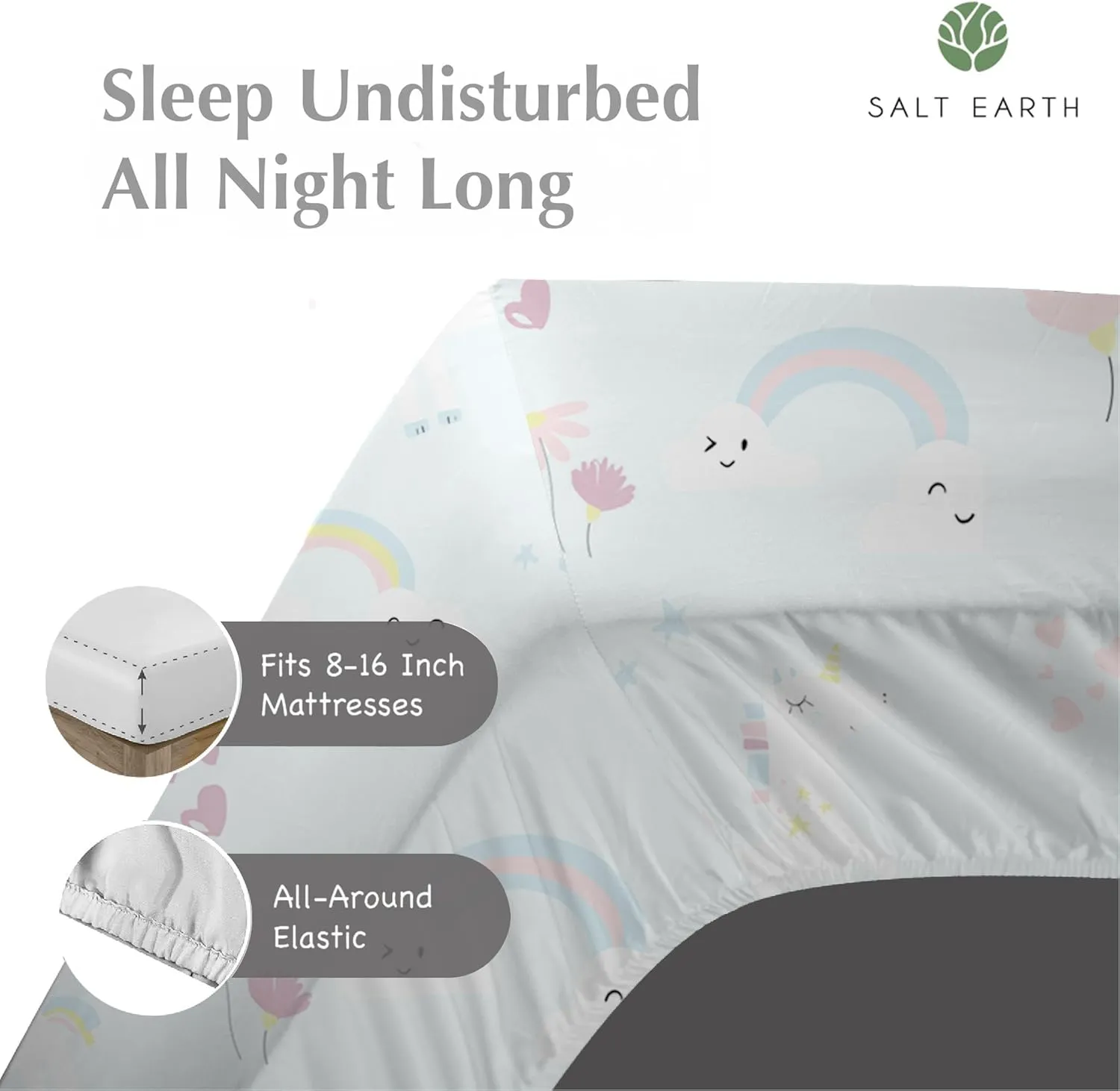 Salt Earth 100% Cotton 210TC Kids Bedsheet, Twin Sheets Set, Toddler Bed, 3 Piece Bedding Set Including Flat Sheet, Fitted Sheet & Pillowcase, Themed Cute Sheets Kids Bed (Unicorn/Rainbow Pillow)