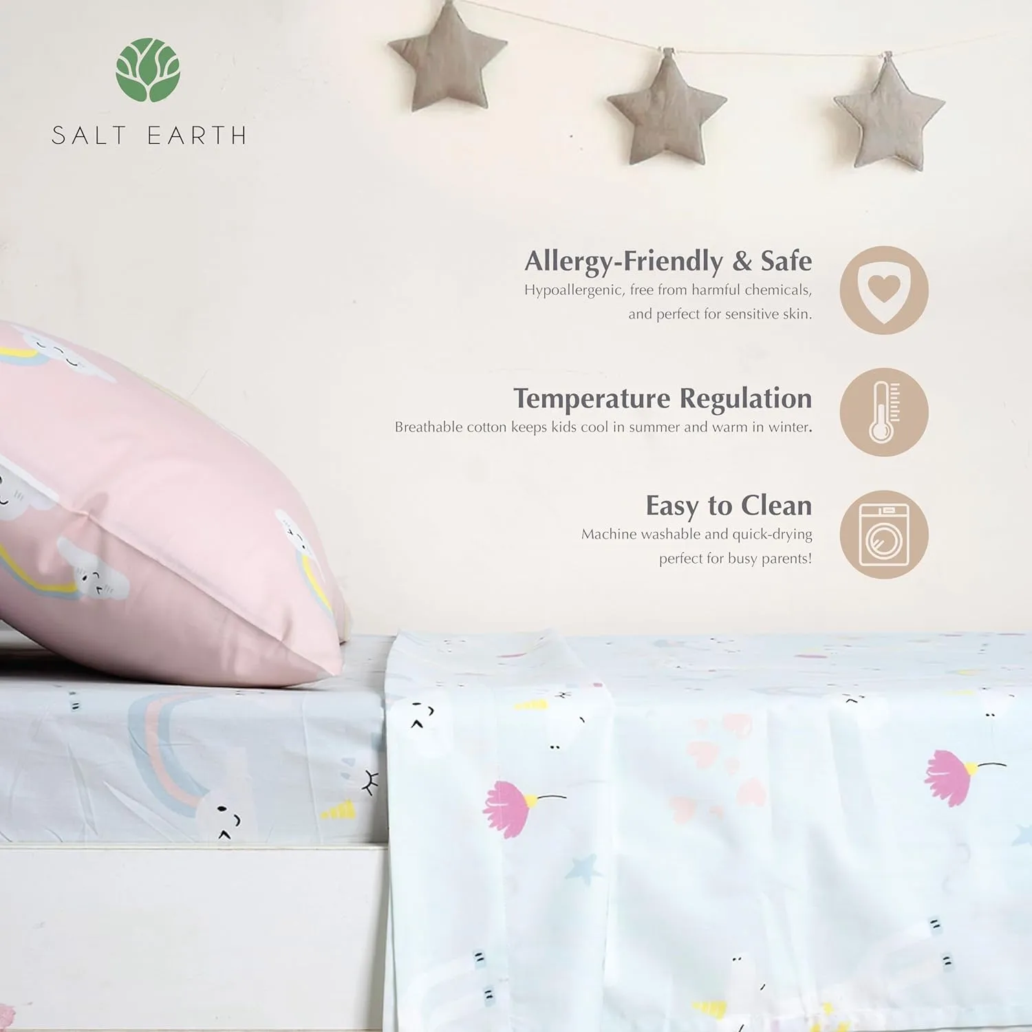 Salt Earth 100% Cotton 210TC Kids Bedsheet, Twin Sheets Set, Toddler Bed, 3 Piece Bedding Set Including Flat Sheet, Fitted Sheet & Pillowcase, Themed Cute Sheets Kids Bed (Unicorn/Rainbow Pillow)
