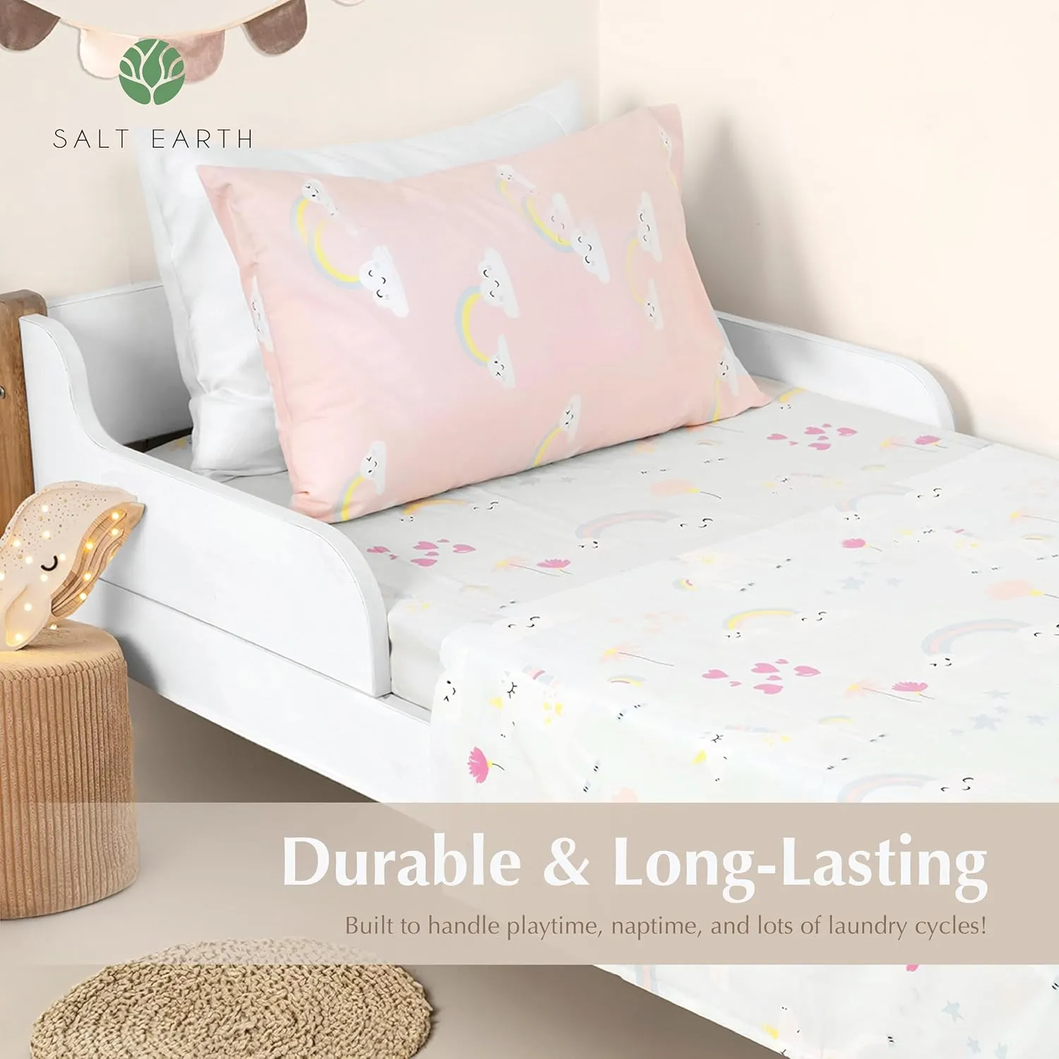 Salt Earth 100% Cotton 210TC Kids Bedsheet, Twin Sheets Set, Toddler Bed, 3 Piece Bedding Set Including Flat Sheet, Fitted Sheet & Pillowcase, Themed Cute Sheets Kids Bed (Unicorn/Rainbow Pillow)
