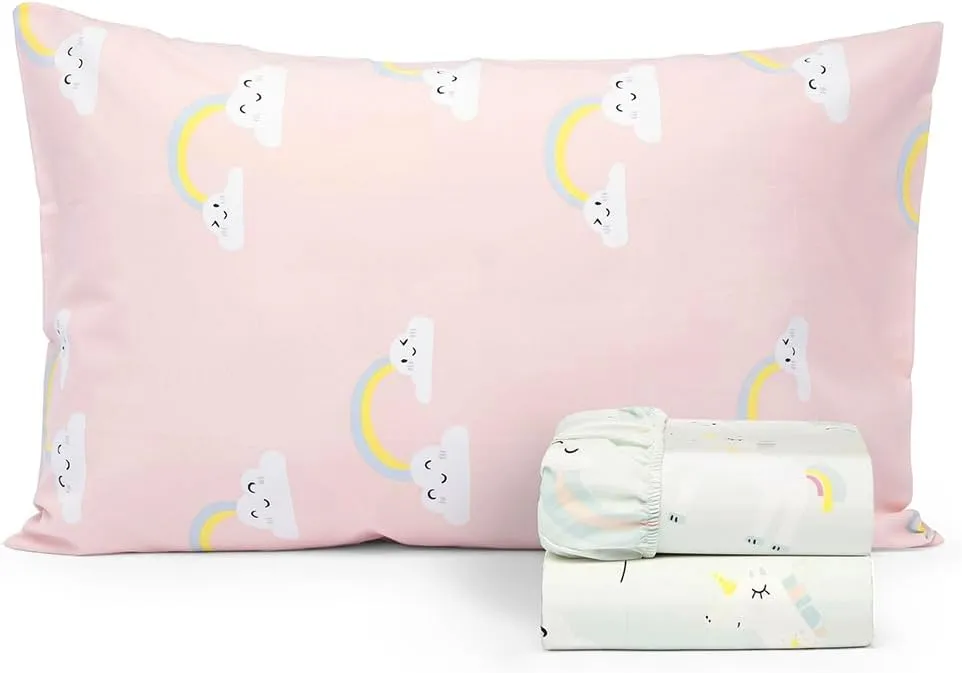 Salt Earth 100% Cotton 210TC Kids Bedsheet, Twin Sheets Set, Toddler Bed, 3 Piece Bedding Set Including Flat Sheet, Fitted Sheet & Pillowcase, Themed Cute Sheets Kids Bed (Unicorn/Rainbow Pillow)