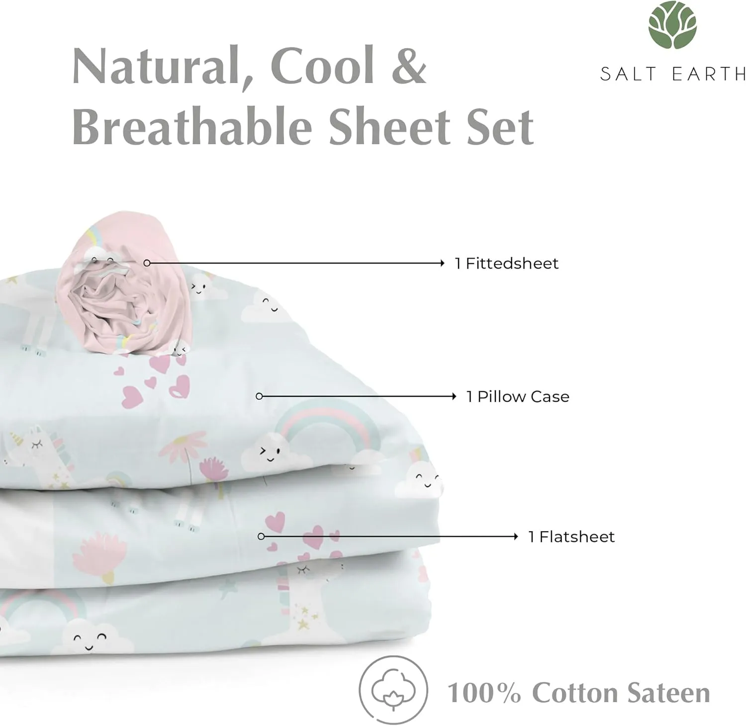 Salt Earth 100% Cotton 210TC Kids Bedsheet, Twin Sheets Set, Toddler Bed, 3 Piece Bedding Set Including Flat Sheet, Fitted Sheet & Pillowcase, Themed Cute Sheets Kids Bed (Unicorn/Rainbow Pillow)