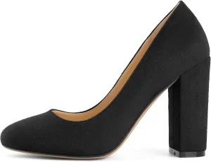 SAMMITOP Women's Round Toe Block Heel Pumps Slip On Chunky High Heels Classic Dress Shoes for Wedding Party Events 4''