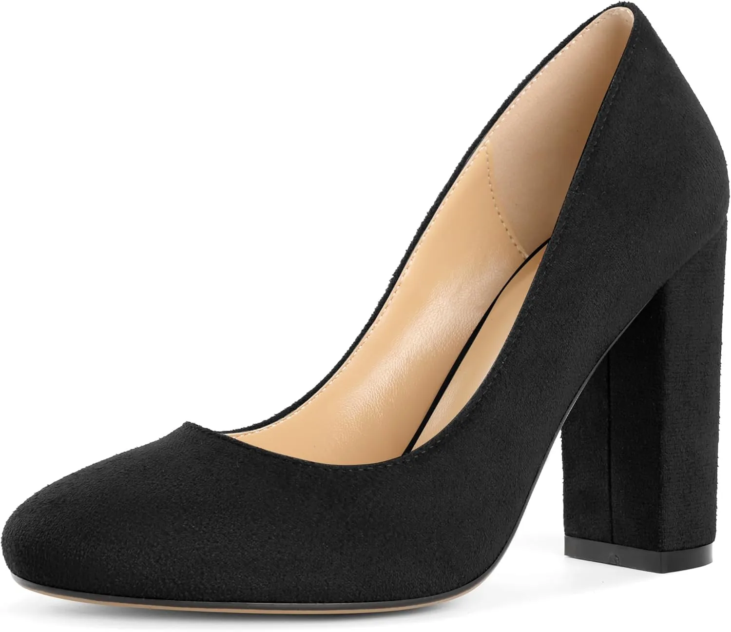 SAMMITOP Women's Round Toe Block Heel Pumps Slip On Chunky High Heels Classic Dress Shoes for Wedding Party Events 4''