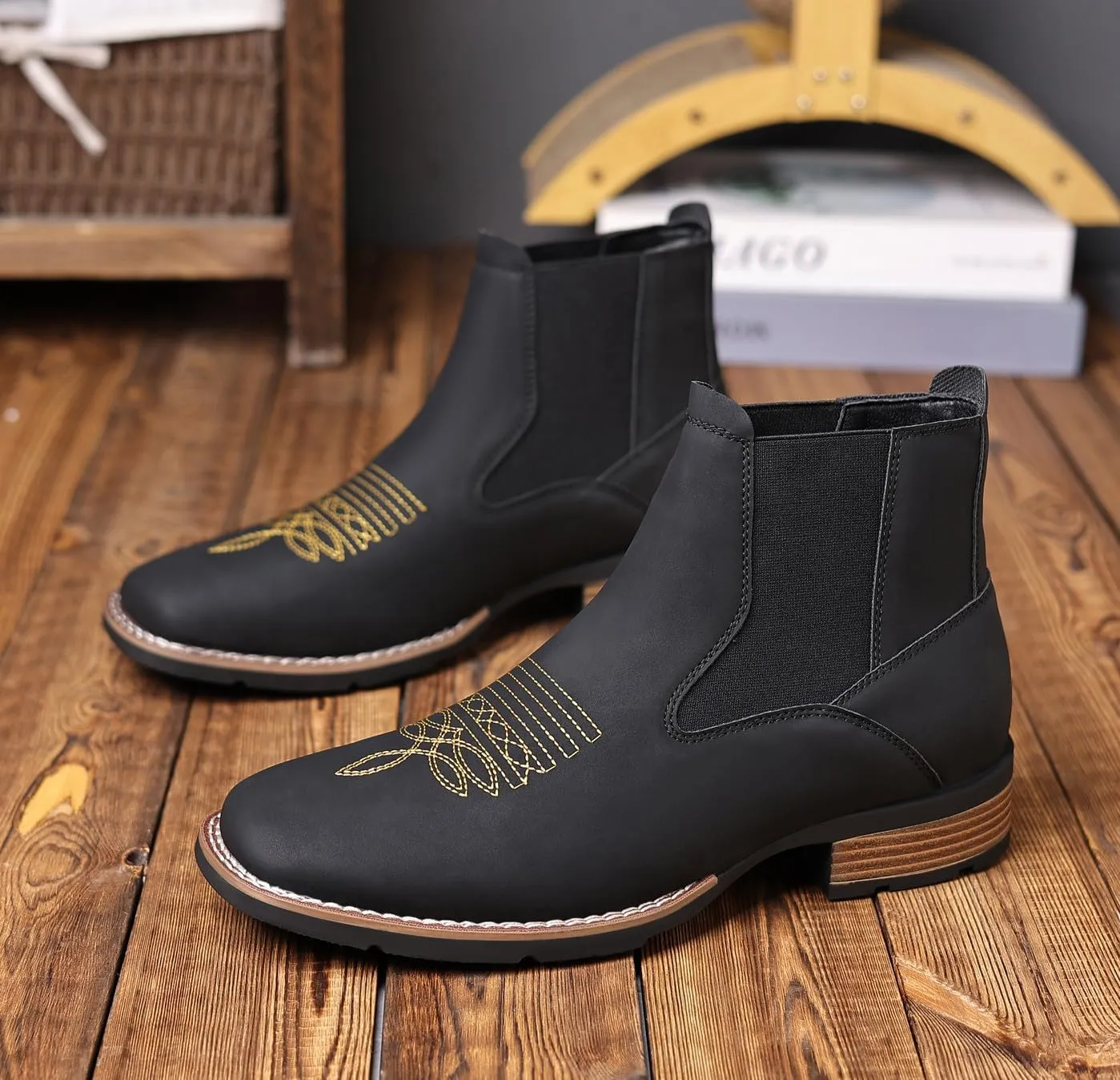 Santimon Men's Square Toe Chelsea Boots, Ankle High, Slip-On, Anti-Slip Dress Casual Outdoor Boots