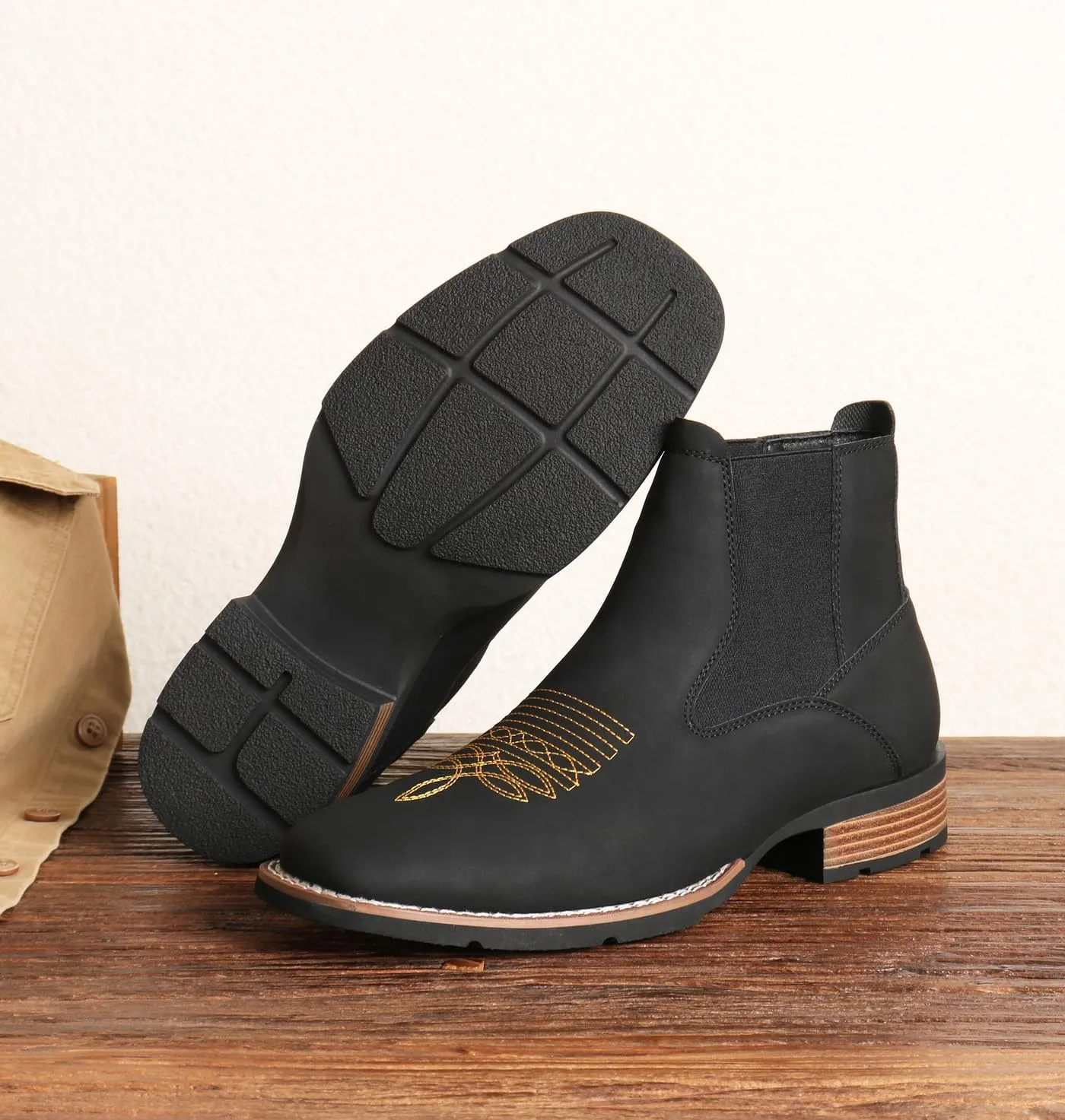 Santimon Men's Square Toe Chelsea Boots, Ankle High, Slip-On, Anti-Slip Dress Casual Outdoor Boots