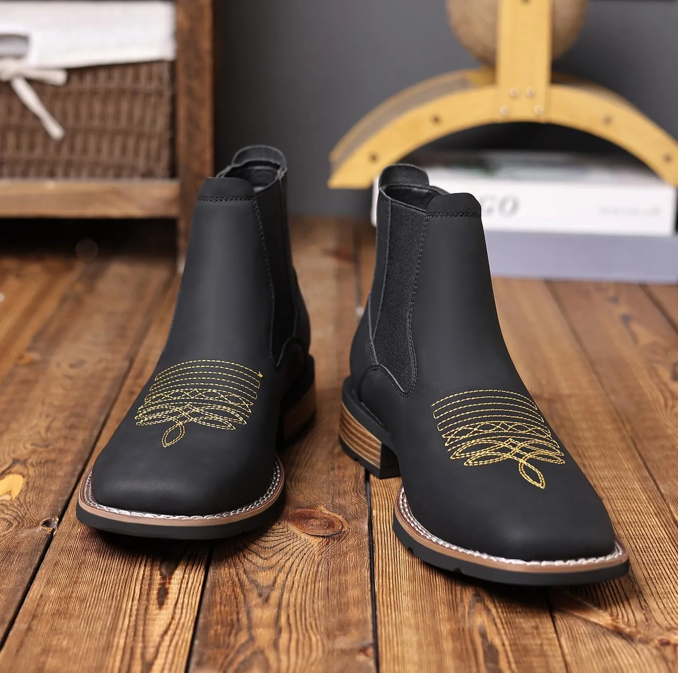 Santimon Men's Square Toe Chelsea Boots, Ankle High, Slip-On, Anti-Slip Dress Casual Outdoor Boots