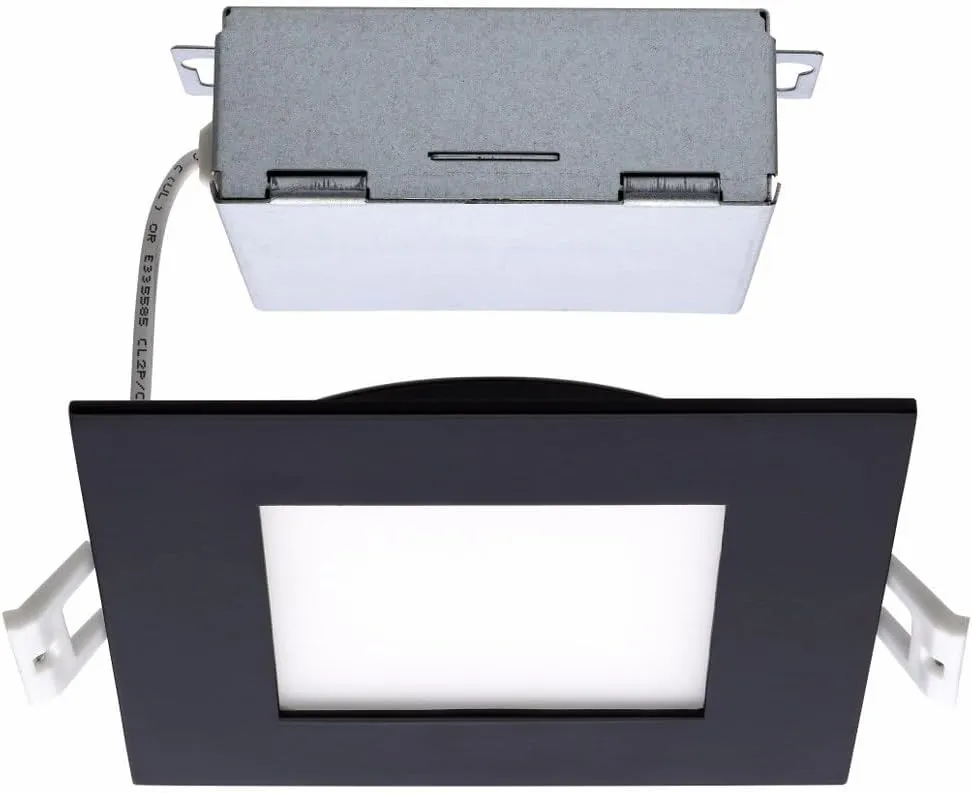 Satco CCT Selectable LED Slim-Fit Flat Lens Downlight with Remote Driver, 4 Inch Square, Black