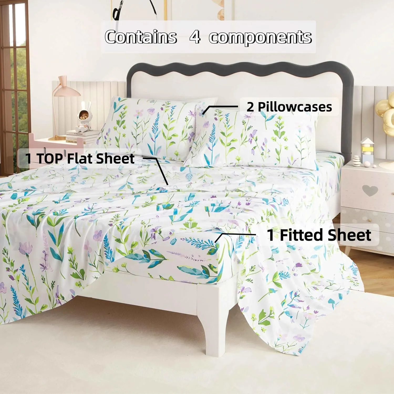 SDY 4PCS Floral Bed Sheets Set Full Size,Super Soft and Kawaii Flower Sheet Set for Boys, Girls and Kids, Bed in a Bag with 1 Fitted Sheet  1 Top Flat Sheet   2 Pillowcases