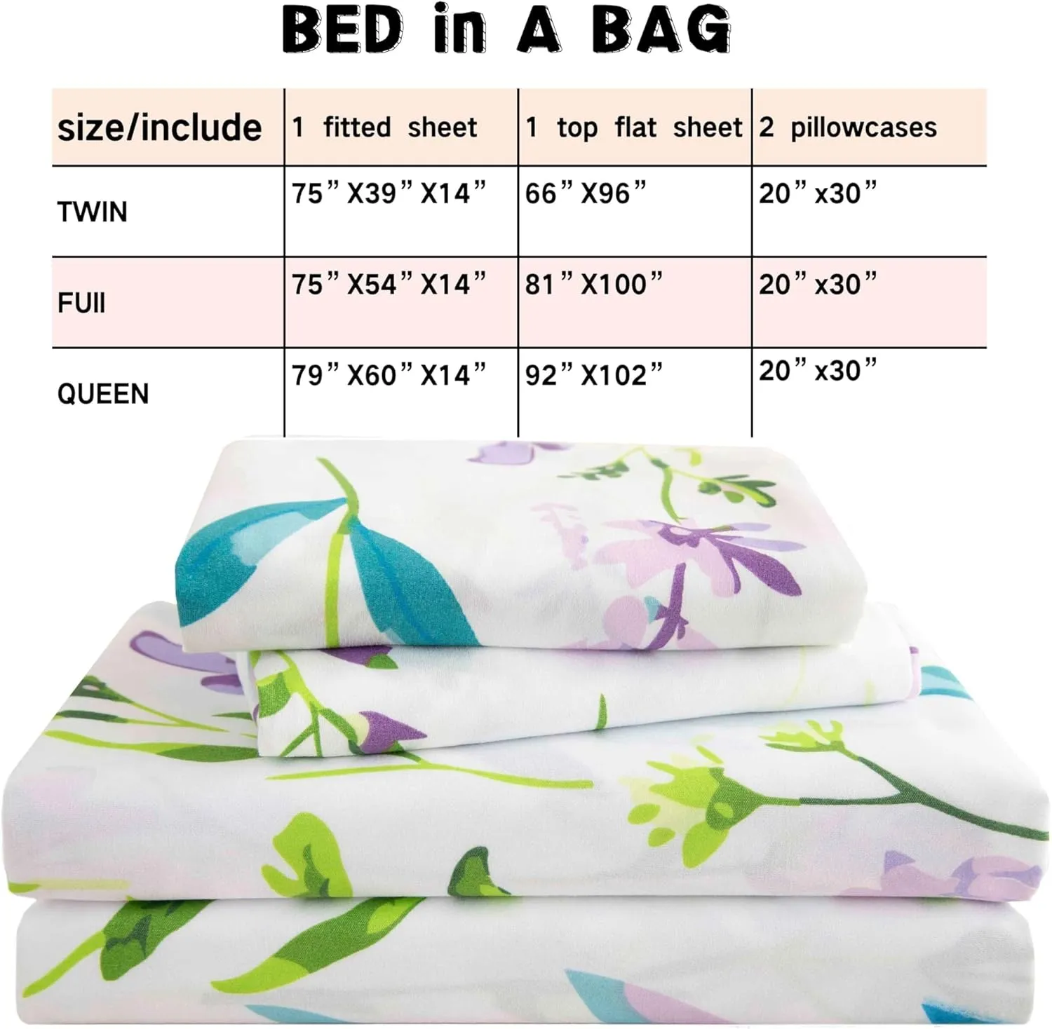 SDY 4PCS Floral Bed Sheets Set Full Size,Super Soft and Kawaii Flower Sheet Set for Boys, Girls and Kids, Bed in a Bag with 1 Fitted Sheet  1 Top Flat Sheet   2 Pillowcases