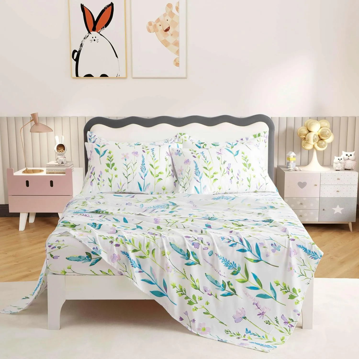SDY 4PCS Floral Bed Sheets Set Full Size,Super Soft and Kawaii Flower Sheet Set for Boys, Girls and Kids, Bed in a Bag with 1 Fitted Sheet  1 Top Flat Sheet   2 Pillowcases