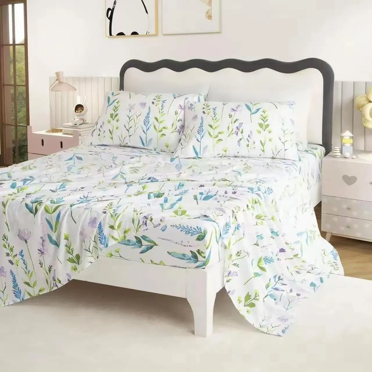 SDY 4PCS Floral Bed Sheets Set Full Size,Super Soft and Kawaii Flower Sheet Set for Boys, Girls and Kids, Bed in a Bag with 1 Fitted Sheet  1 Top Flat Sheet   2 Pillowcases