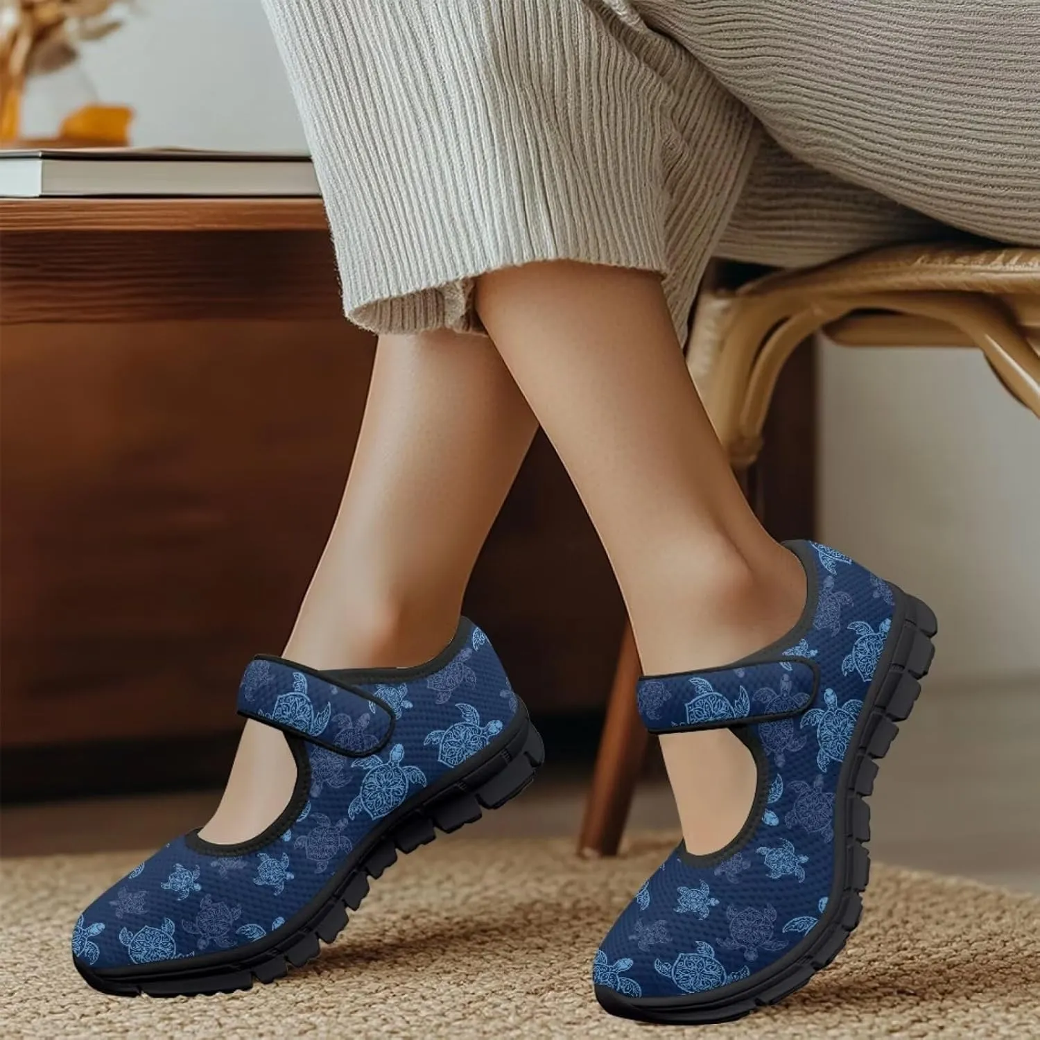 Sea Turtle Print Womens Mary Jane Shoes Magic Sticker Lightweight Breathable Anti Slip Casual Sneaker