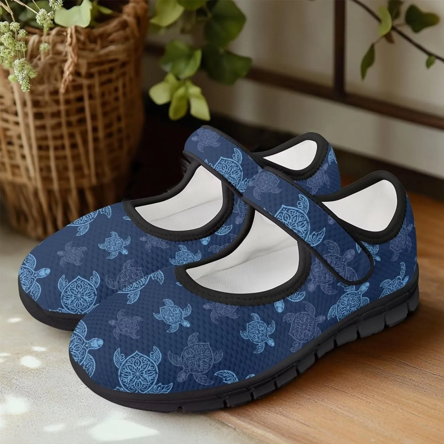 Sea Turtle Print Womens Mary Jane Shoes Magic Sticker Lightweight Breathable Anti Slip Casual Sneaker