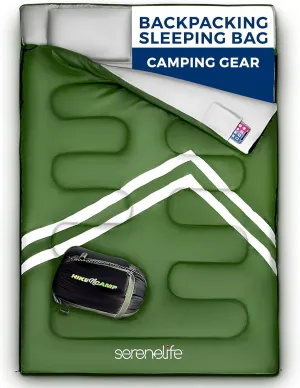 SereneLife Double Sleeping Bag with Pillows, Waterproof & Detachable for 2 Single Bags, Lightweight & Warm, Perfect for Camping, Hiking, Backpacking, and Cold Weather, Suitable for Temperatures 5-10°F