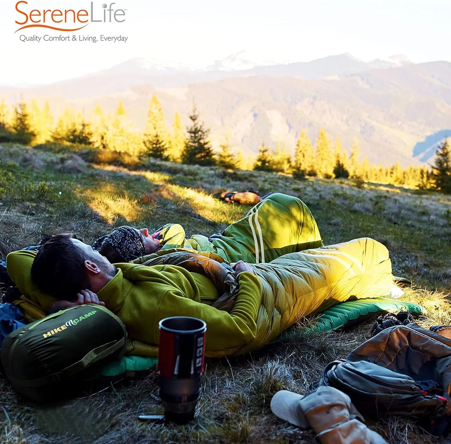 SereneLife Double Sleeping Bag with Pillows, Waterproof & Detachable for 2 Single Bags, Lightweight & Warm, Perfect for Camping, Hiking, Backpacking, and Cold Weather, Suitable for Temperatures 5-10°F