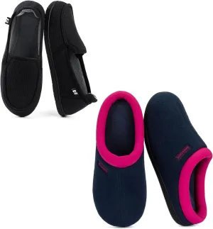 Set of 2 Pairs - Women's Size 11, Women's Two-Tone Hoodback Slippe (Black) Women's Fleece Two-Tone Memory Foam Slipper (Dark Navy)