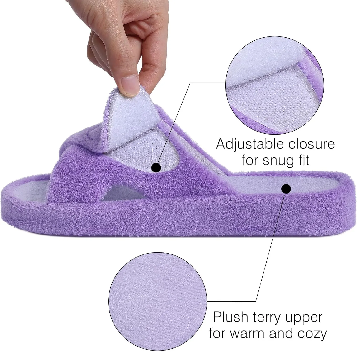shevalues Summer Arch Support Slippers for Women Adjustable Terry Cloth Fuzzy Indoor Slippers Open Toe House Shoes