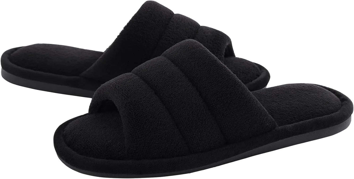 shevalues Terry Cloth Open Toe Slippers for Women Memory Foam Slip On House Slippers