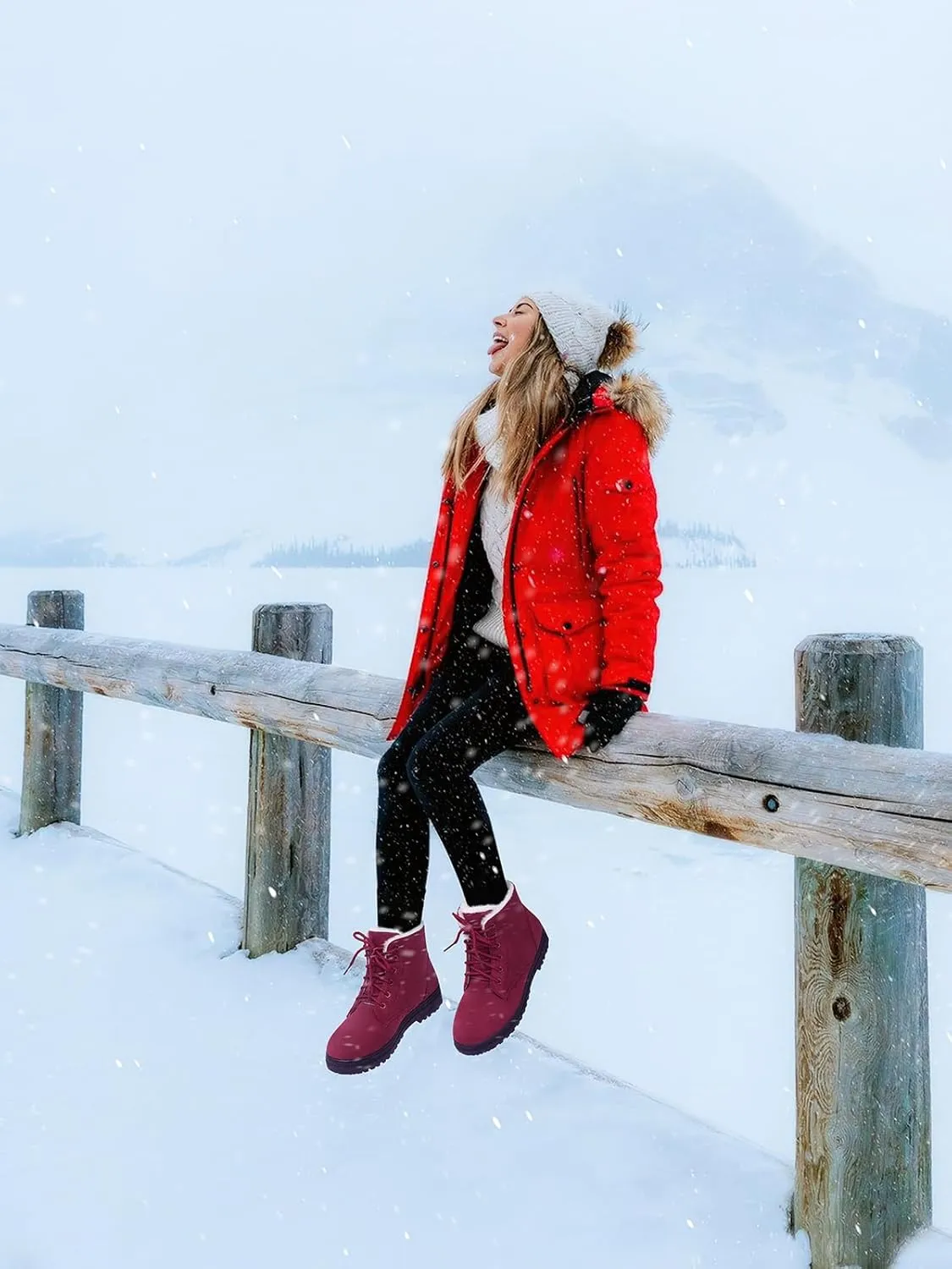 SHIBEVER Winter Snow Boots for Women: Warm Fur Lined Ankle Boots Comfortable Suede Lace Up Booties Cute Flat Shoes