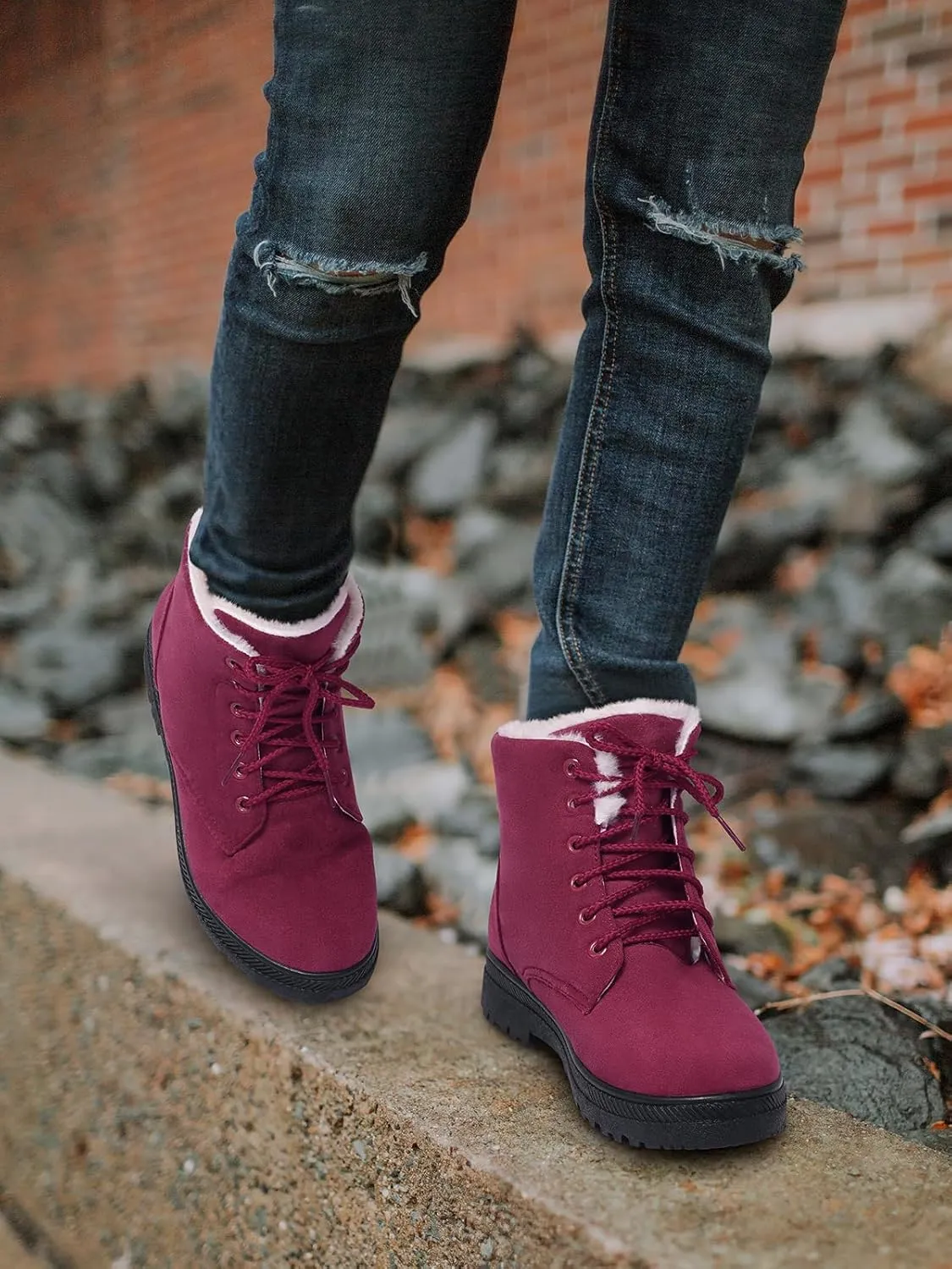 SHIBEVER Winter Snow Boots for Women: Warm Fur Lined Ankle Boots Comfortable Suede Lace Up Booties Cute Flat Shoes