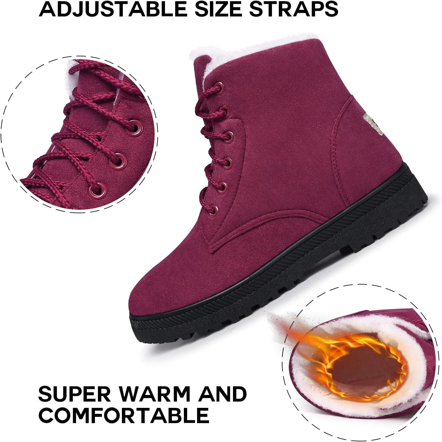 SHIBEVER Winter Snow Boots for Women: Warm Fur Lined Ankle Boots Comfortable Suede Lace Up Booties Cute Flat Shoes