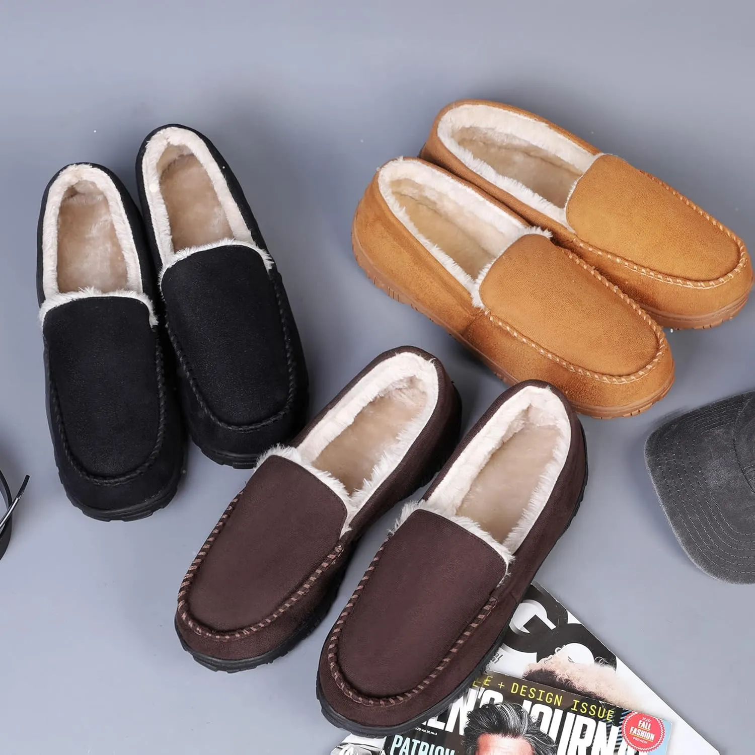 shoeslocker Men's Slippers Warm Soft Plush Memory Foam House Slippers for Men Comfortable Bedroom Moccasin Slippers Non-Slip Indoor Outdoor