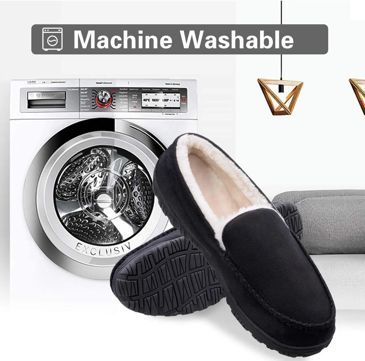 shoeslocker Men's Slippers Warm Soft Plush Memory Foam House Slippers for Men Comfortable Bedroom Moccasin Slippers Non-Slip Indoor Outdoor