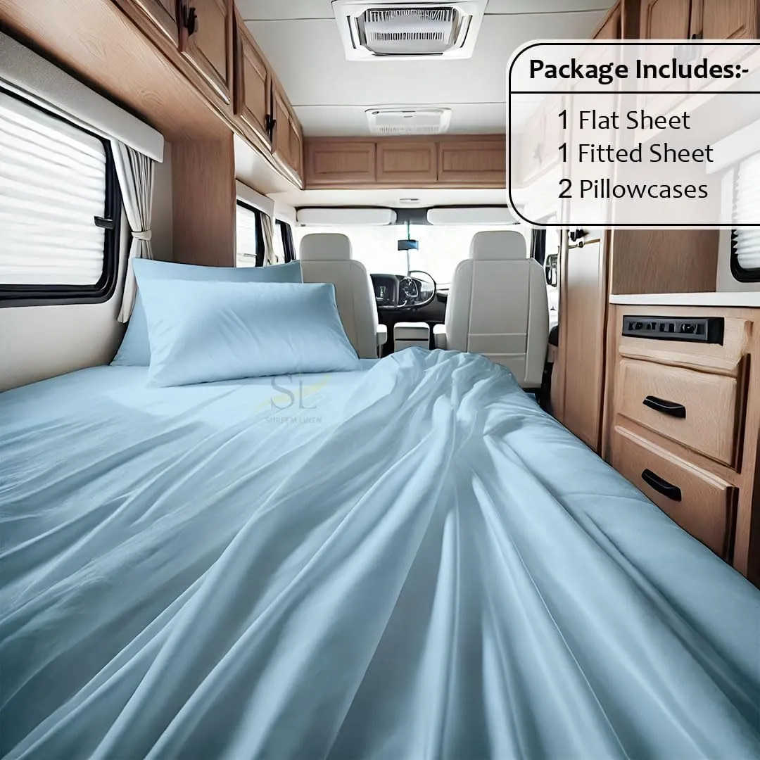 Shreem Linen Microfiber RV Sheet Sets, 48x75 3/4 Full Bunk, Light Blue Solid - Fits Mattresses up to 8 Inches Deep, 4 Piece RV Bed Sheets for Campers, Motorhomes, and Travel Trailers