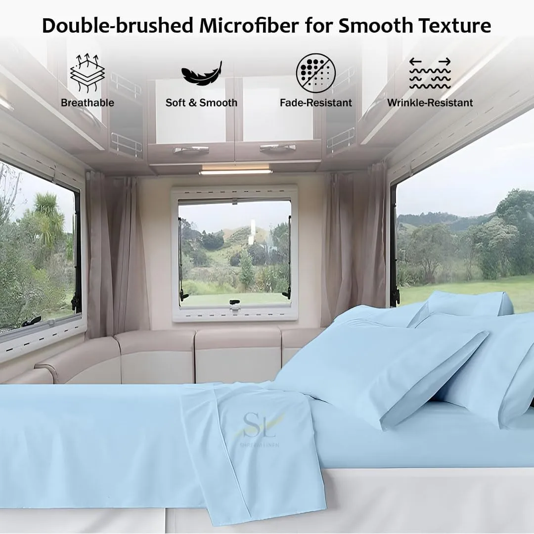 Shreem Linen Microfiber RV Sheet Sets, 48x75 3/4 Full Bunk, Light Blue Solid - Fits Mattresses up to 8 Inches Deep, 4 Piece RV Bed Sheets for Campers, Motorhomes, and Travel Trailers