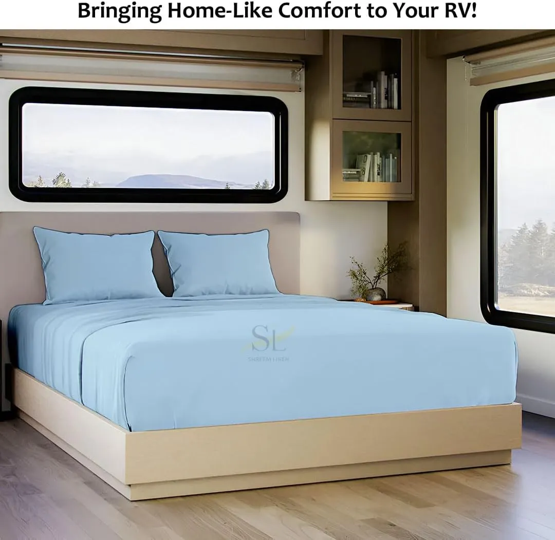 Shreem Linen Microfiber RV Sheet Sets, 48x75 3/4 Full Bunk, Light Blue Solid - Fits Mattresses up to 8 Inches Deep, 4 Piece RV Bed Sheets for Campers, Motorhomes, and Travel Trailers