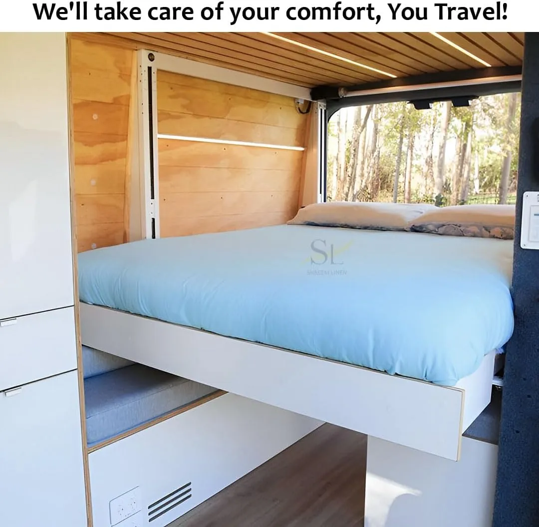 Shreem Linen Microfiber RV Sheet Sets, 48x75 3/4 Full Bunk, Light Blue Solid - Fits Mattresses up to 8 Inches Deep, 4 Piece RV Bed Sheets for Campers, Motorhomes, and Travel Trailers