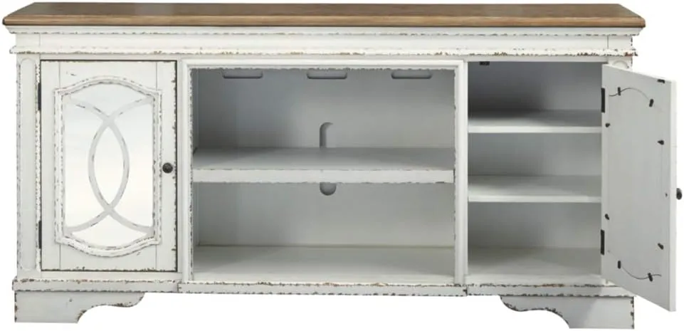 Signature Design by Ashley Realyn Farmhouse TV Stand with Fireplace Option Fits TVs up to 72", 2 Cabinet Doors and Adjustable Storage Shelf, White & Rustic Brown