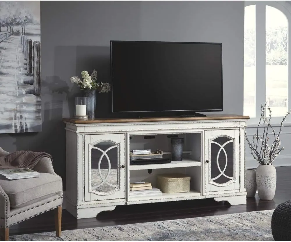 Signature Design by Ashley Realyn Farmhouse TV Stand with Fireplace Option Fits TVs up to 72", 2 Cabinet Doors and Adjustable Storage Shelf, White & Rustic Brown