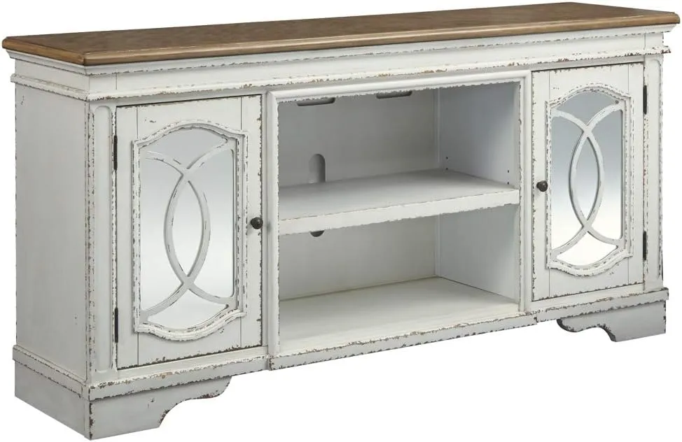 Signature Design by Ashley Realyn Farmhouse TV Stand with Fireplace Option Fits TVs up to 72", 2 Cabinet Doors and Adjustable Storage Shelf, White & Rustic Brown