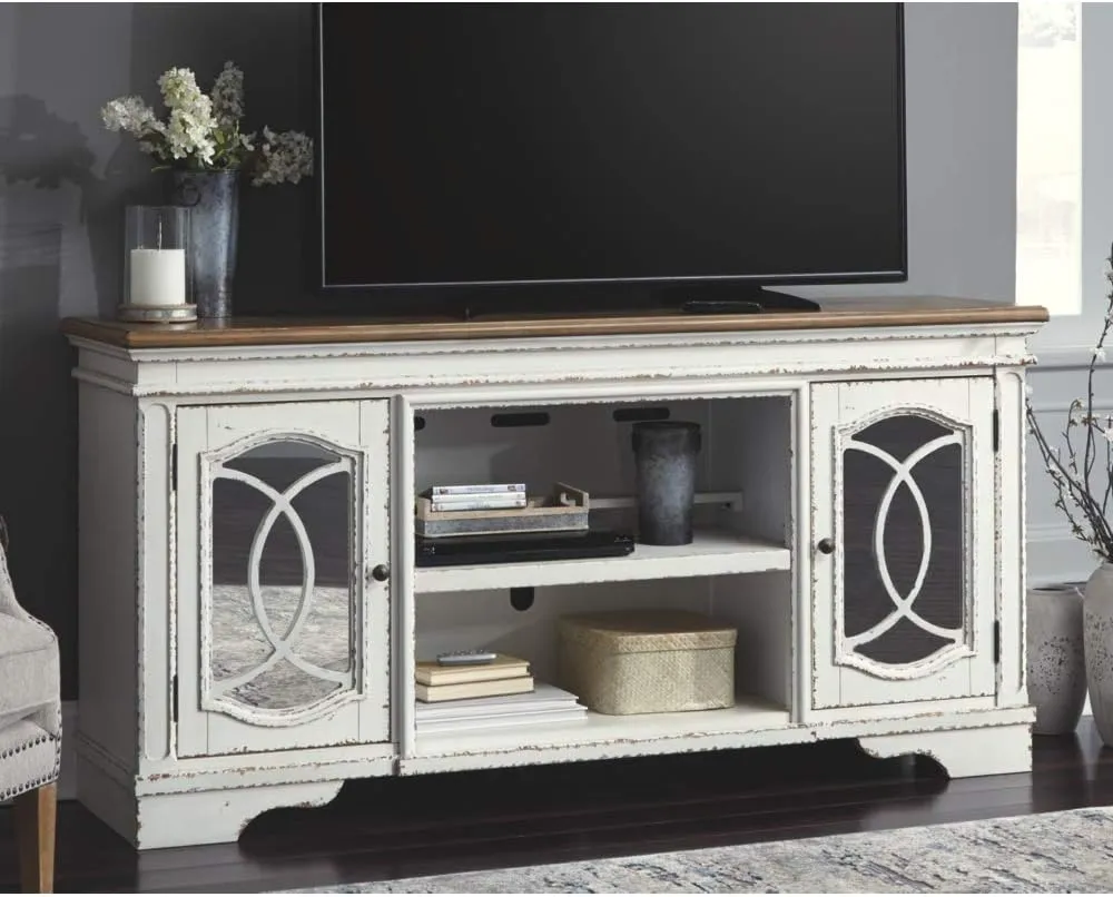 Signature Design by Ashley Realyn Farmhouse TV Stand with Fireplace Option Fits TVs up to 72", 2 Cabinet Doors and Adjustable Storage Shelf, White & Rustic Brown