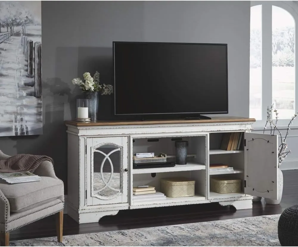 Signature Design by Ashley Realyn Farmhouse TV Stand with Fireplace Option Fits TVs up to 72", 2 Cabinet Doors and Adjustable Storage Shelf, White & Rustic Brown