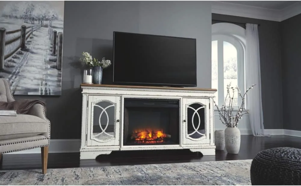 Signature Design by Ashley Realyn Farmhouse TV Stand with Fireplace Option Fits TVs up to 72", 2 Cabinet Doors and Adjustable Storage Shelf, White & Rustic Brown