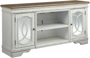 Signature Design by Ashley Realyn Farmhouse TV Stand with Fireplace Option Fits TVs up to 72", 2 Cabinet Doors and Adjustable Storage Shelf, White & Rustic Brown