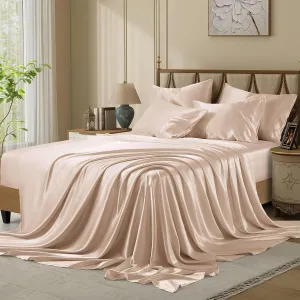 Silk Like Satin Bed Sheets, 6-Piece Beige California King Size Satin Sheets for Hair and Skin, Luxury Silky Bedding Set with Deep Pocket for Mattress (California King, Beige)