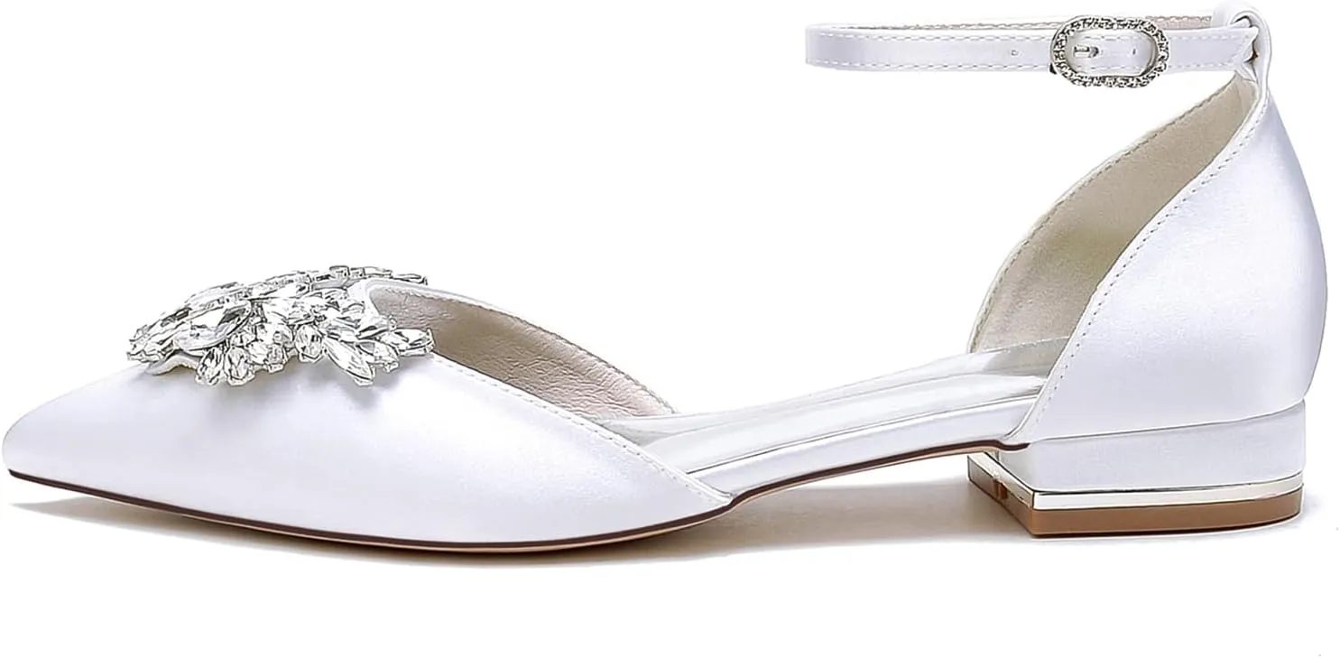 Simple Bridal Shoes for Wedding, Sandal with Rhinestones Flats Pointy Toe Satin Prom Party Dress Pumps for Parties, Weddings, Banquets