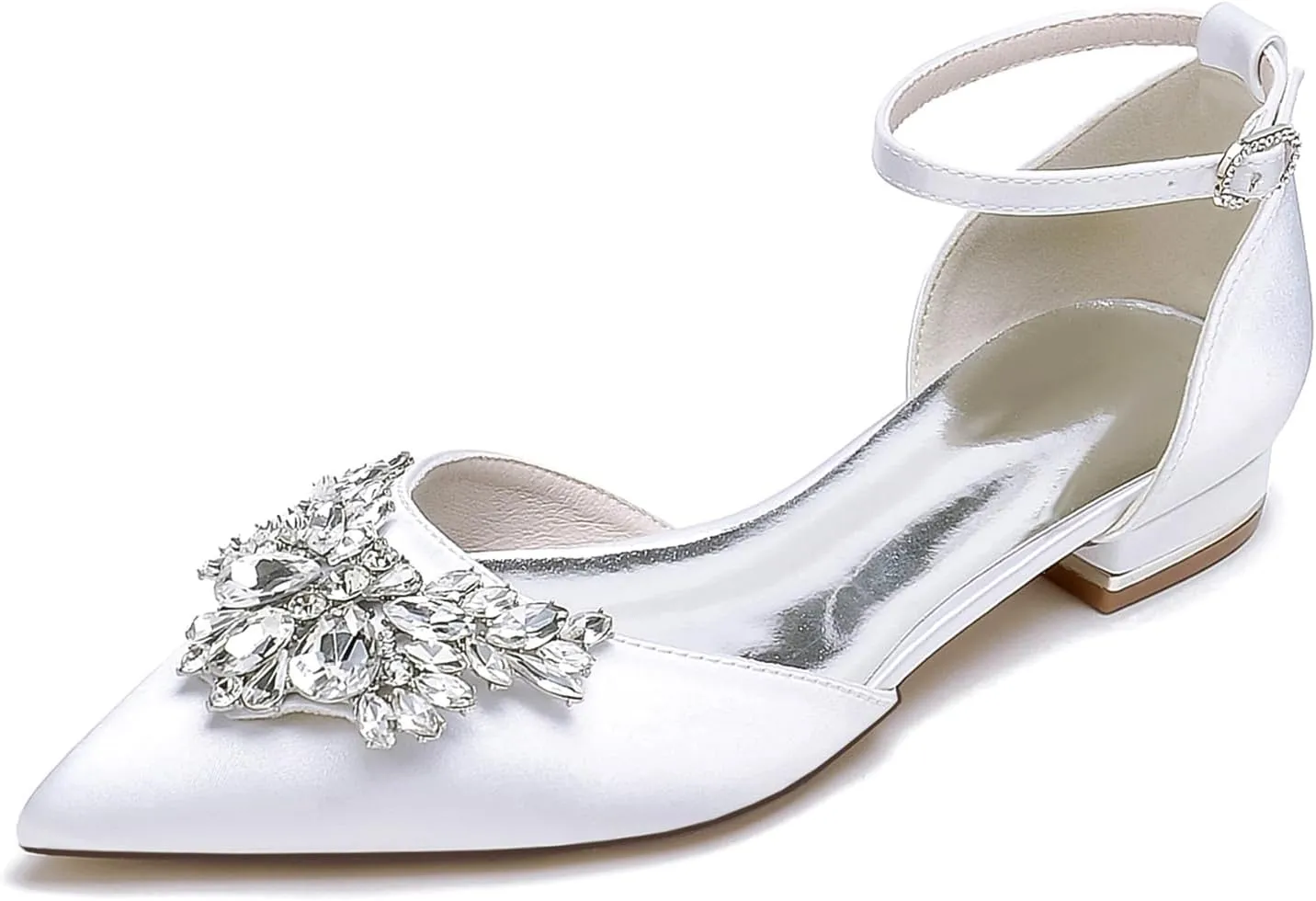 Simple Bridal Shoes for Wedding, Sandal with Rhinestones Flats Pointy Toe Satin Prom Party Dress Pumps for Parties, Weddings, Banquets