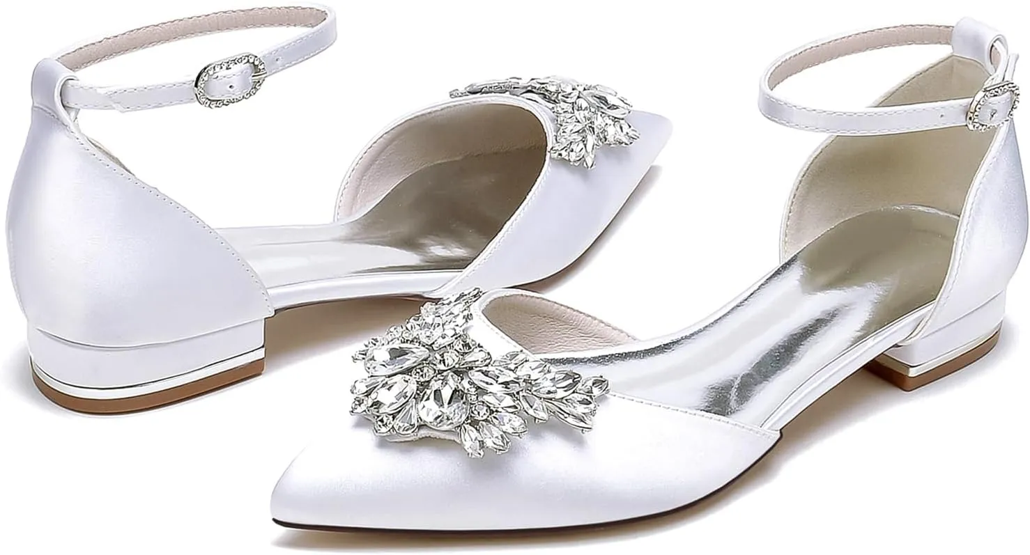Simple Bridal Shoes for Wedding, Sandal with Rhinestones Flats Pointy Toe Satin Prom Party Dress Pumps for Parties, Weddings, Banquets