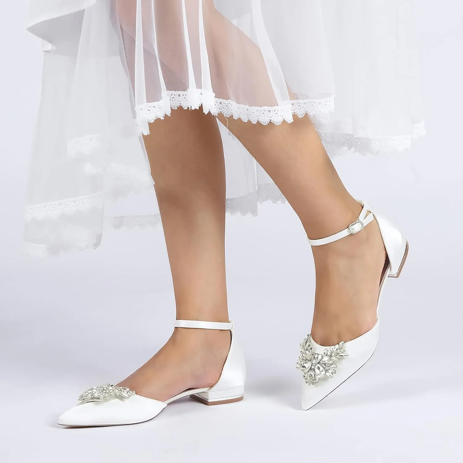 Simple Bridal Shoes for Wedding, Sandal with Rhinestones Flats Pointy Toe Satin Prom Party Dress Pumps for Parties, Weddings, Banquets