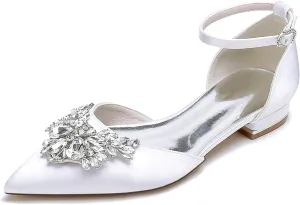 Simple Bridal Shoes for Wedding, Sandal with Rhinestones Flats Pointy Toe Satin Prom Party Dress Pumps for Parties, Weddings, Banquets